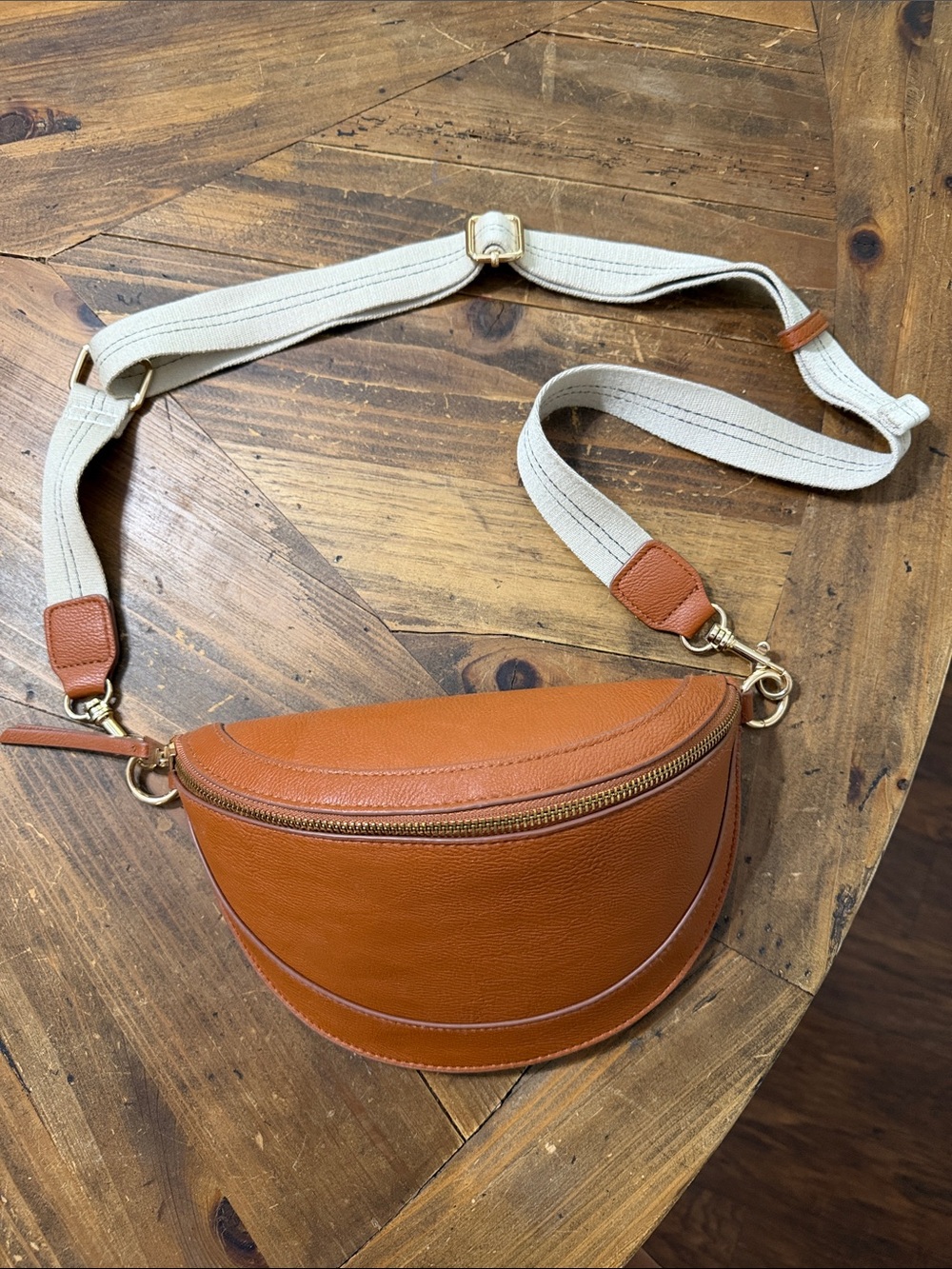 Universal Thread Tan Leather Crescent Crossbody with Cream Canvas Strap